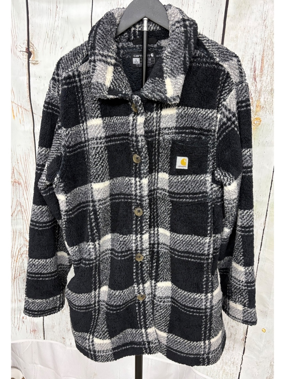Carhartt Women's Loose Fit Black/White Fleece Plaid Shacket 107138 Size L 12-14